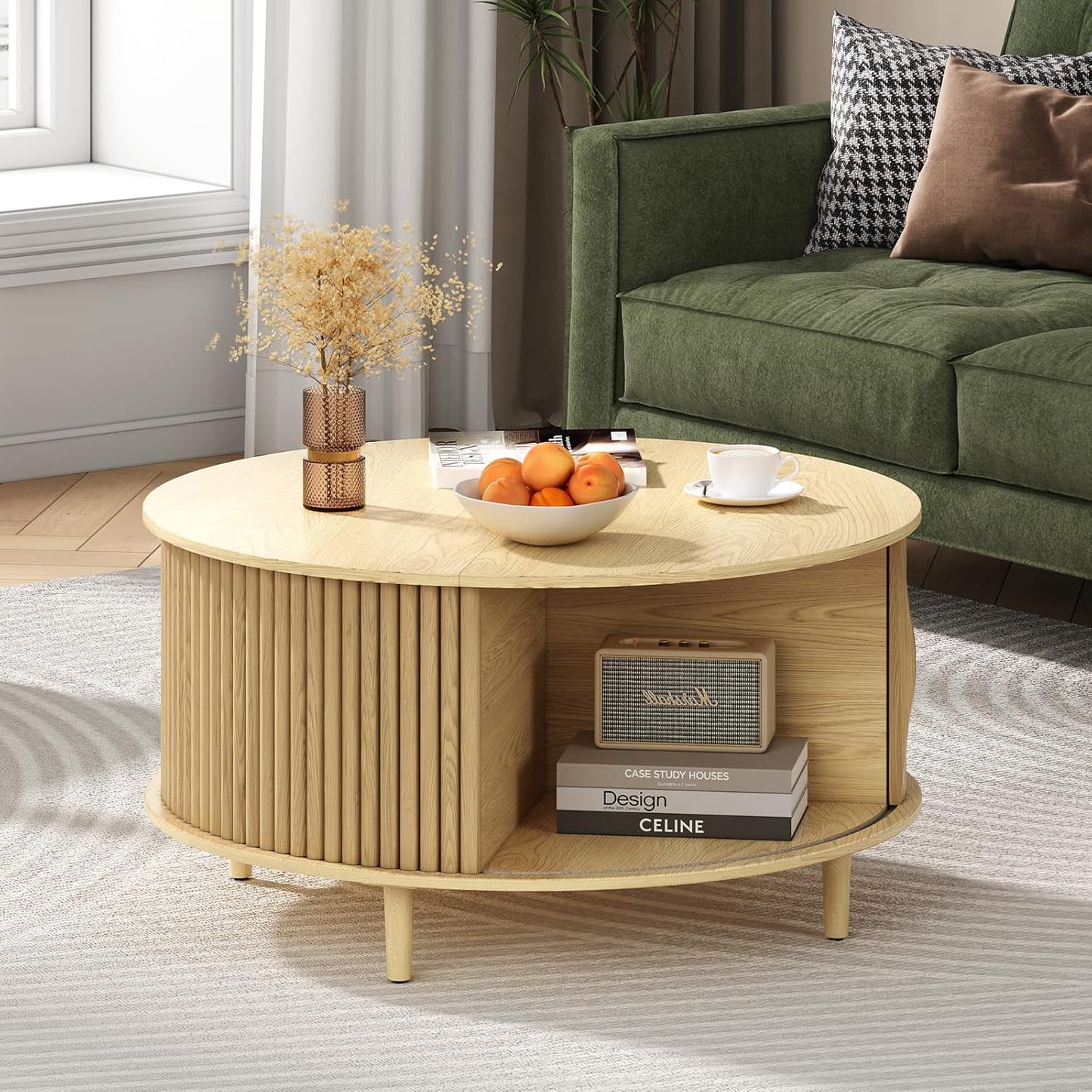Round Coffee Table with Storage,31.5" Mid Century Modern Coffee Table with Hidden Compartment,Fluted Center Table for Living Room,Home Small Space,Oak