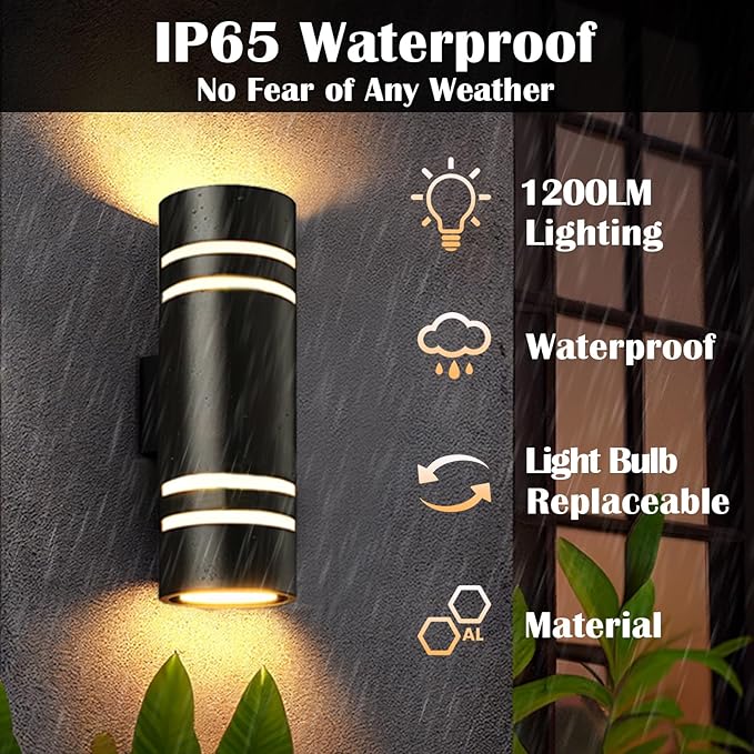 wowlite Outdoor Wall Lights for House, Remote Control Smart RGBCW Up and Down Lights Outdoor Sconce RGB Color Changing, Black Cylinder Aluminum Exterior Lighting Fixtures for Porch Garage, ETL Listed