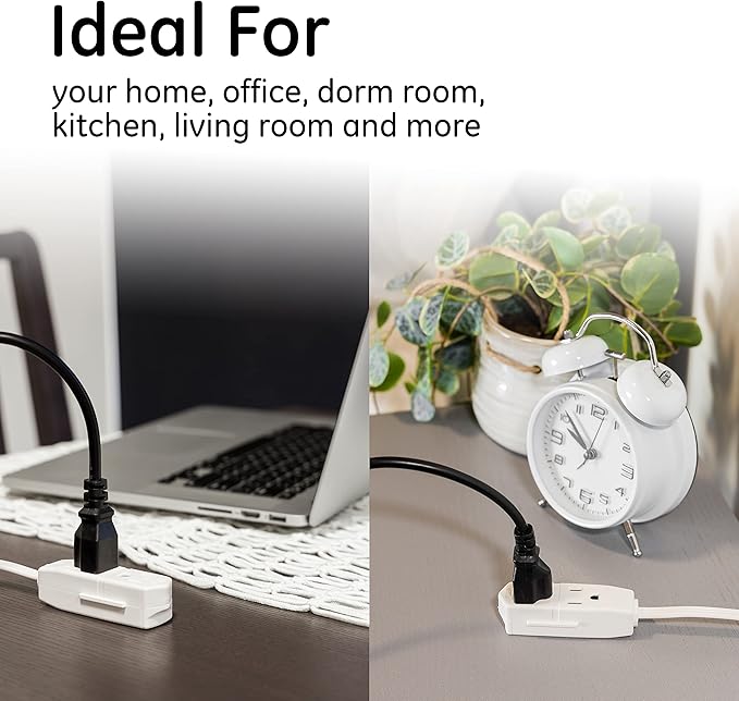 GE 3-Outlet Flat Extension Cord 15 Ft Grounded Extension Cord with Multiple Outlets 3 Prong Outlet Extender Flat Plug Power Strip Indoor 16 Gauge UL Listed White 56986