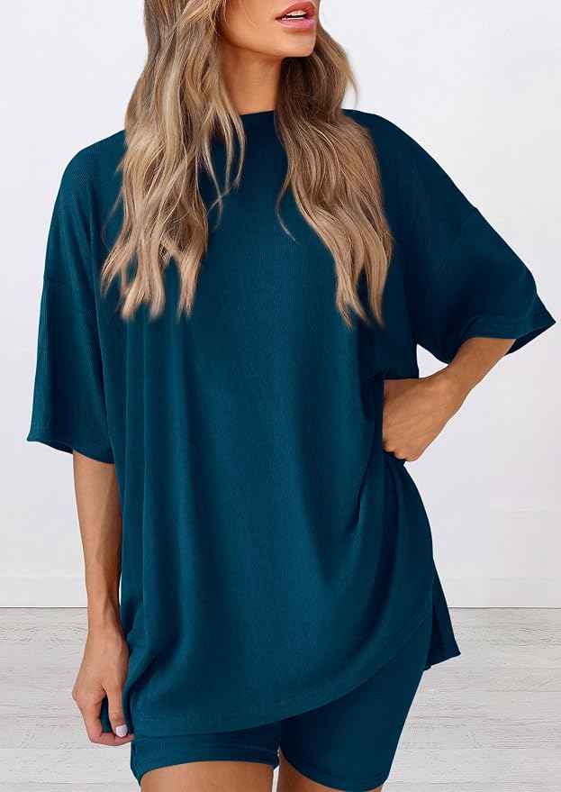 PRETTYGARDEN Women 2 Piece Lounge Set 2026 Summer Casual Oversized Shirts Biker Shorts Matching Airport Travel Outfit Clothes