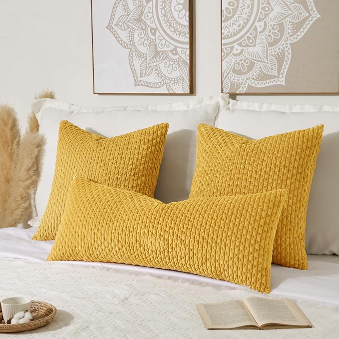 Kevin Textile Soft Corduroy 14"x24" Pillow Cover 1 Pack, Mustard Yellow | Boho Stripe Plush Corduroy Decorative Oblong Cushion Cover Modern Farmhouse Home Decor for Sofa Couch Bed Chair