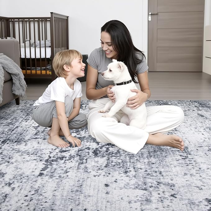 6x6 Area Rug Living Room Rug: Washable Modern Abstract Soft Thin Rug Indoor Floor No Slip Stain Resistant Carpet for Bedroom Dining Room Farmhouse Nursery Home Office - Grey