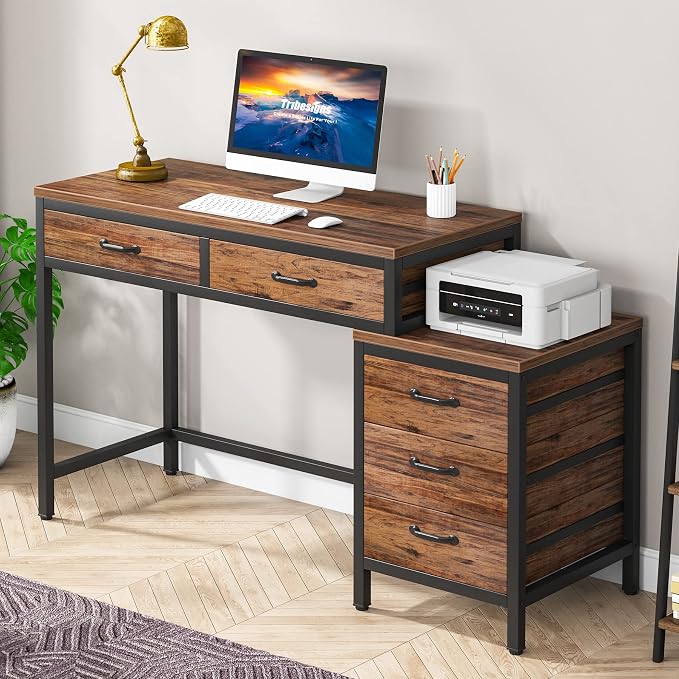 Tribesigns Computer Desk with 5 Drawers, Reversible Home Office Desks | Small Desk with Drawer Cabinet Printer Stand, PC Desk with Storage, Rustic Study Writing Table Workstation for Small Spaces