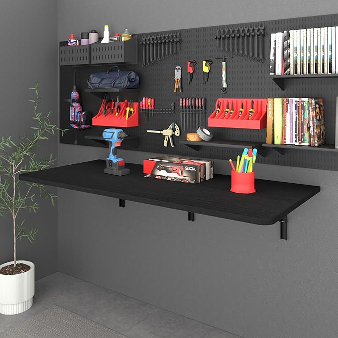 IAE 48x22in Floating Fold Desk,Wall-Mounted Folding Computer Table,Black | Study Table with Shelf Brackets,Foldable Down Shelf with Engineered Wood,Fold Computer Desk for Small Apartment,Holds 500 lb