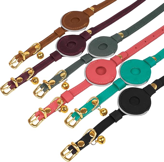 OOPSDOGGY Reflective Leather AirTag Cat Collar with Bell - Non Breakaway Adjustable Pet Collar with Apple Air Tag Holder - Lightweight GPS Kitten Collars for Small Dogs Puppy (Camel)