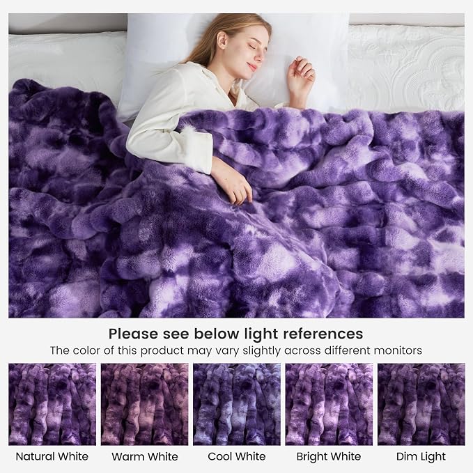 Cozy Bliss Faux Fur Throw Blanket for Couch, Fuzzy Soft Plush Thick Bubble Blanket for Sofa Bedroom Living Room, 50 * 60 Inches Tie-dye Purple