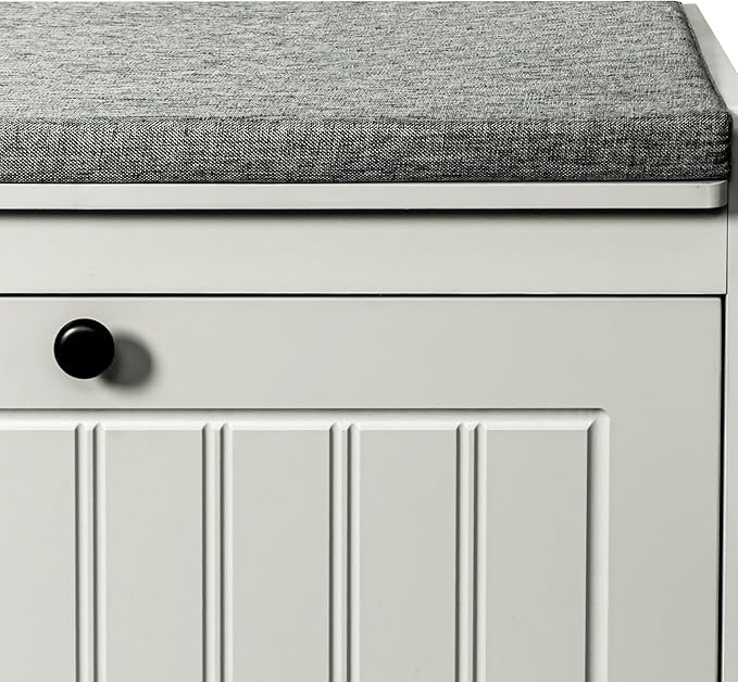 Shoe Storage Bench, Modern Wooden Shoe Cabinet with Flip Drawer and Adjustable Shelf, Entry Way Bench with Padded Seat Cushion for Entryway, Hallway, Living Room,Pebble Grey