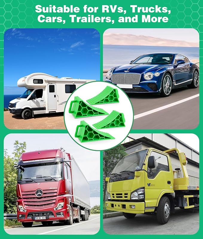 PAHTTO Wheel Chocks 4 Pack, RV Chocks with Handles for RV Trailer Camper Car Truck, Wheel Block Stopper for Tire, Strong RV Wheel Chocks Hexagonal Honeycomb Structure, RV Trailer Accessories, Green