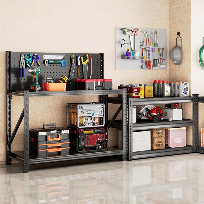 Set of 2 Widened Heavy Duty Workbench with Pegboard, 3000LBS Capacity Work Table with Reinforce Stable Side Beams, Metal Workstation for Garage Warehouse Workshop Office