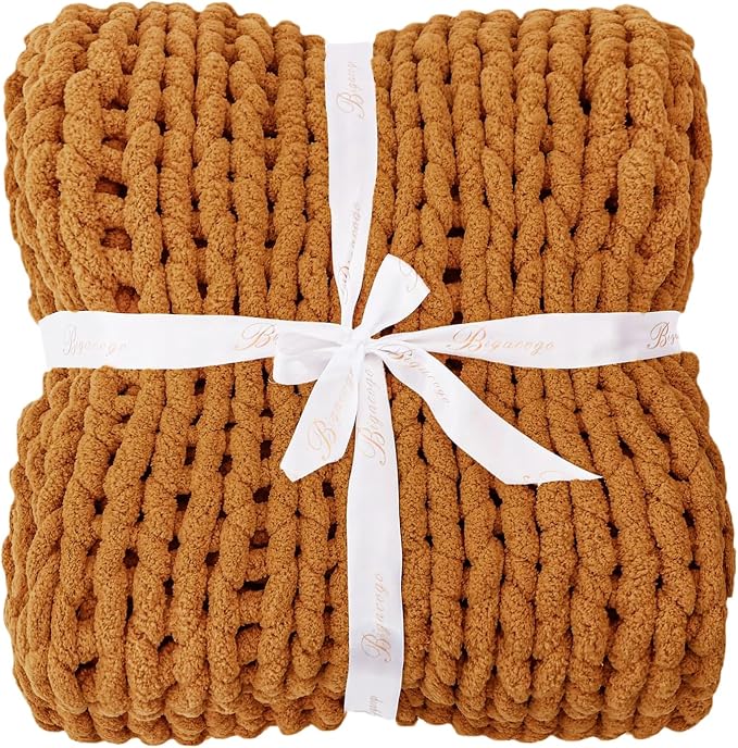 Bigacogo Chunky Knit Throw Blanket for Couch, 40x60 inches, Burnt Orange | Hand Knit with Jumbo Chenille, Soft Breathable Cable Knit for Sofa Bed Living Room, Machine Washable, Gift for Mom Friend