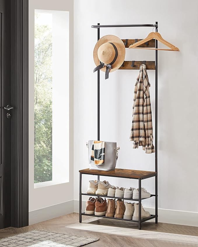 VASAGLE Hall Tree with Bench and Shoe Storage, Entryway Bench with Coat Rack Stand and Shoe Rack, 9 Movable Hooks, Top Bar, Fabric Shelves, Industrial, Rustic Brown and Black UHSR411B01