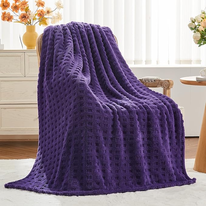 NEWCOSPLAY 3D Waffle Checkered Flannel Queen Blanket, Dark Purple, 90"x90" | Super Soft Cute Lightweight Decorative Premium Silky Fleece Blanket for Couch Sofa Bed, Gift for Women Men, All Season Use