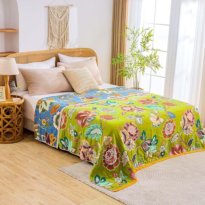 XIBLC Fall Throw Blanket, 100% Cotton Soft Rustic Boho Throw Blanket for Bed, 50"x60" Farmhouse Decor Bed Flower Blankets, Light Weight Reversible Bohemian Throw Quilt