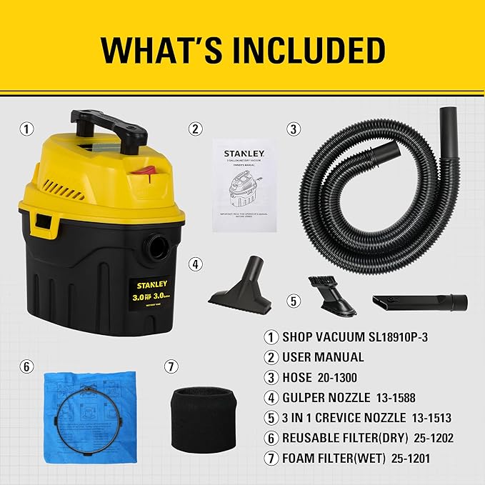 Stanley 3 Gallon Portable Shop Vacuum, 3 Peak HP Wet Dry Suction Vac,Multi-functional Crevice Nozzle with Retractable Hose Vacuum for Home, Car Detailing, Jobsite, Garage & Workshop SL18910P-3
