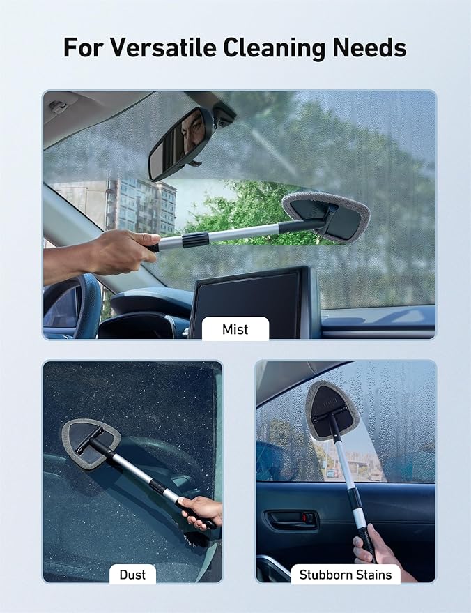 AstroAI 21" Extra-Long Windshield Cleaner Tool, Car Interior Detailing Cleaning Kit with Extendable Handle and 4 Upgraded Reusable Microfiber Pads, Auto Glass Wiper Brush Kit for Cars, Gray