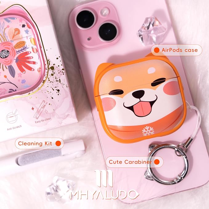 for AirPods 4 Case with Cleaning Kit, Cute Cat Ear Print Design & Cute Buckle, Inverted Phone Holder Design, Top Safe Lock Buckle Design, for Girls AirPods 4 case 2024, Orange Dog