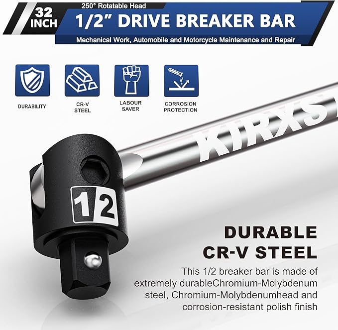 32-Inch 1/2” Drive Breaker Bar, Heavy Duty Extension Breaker Bar, 250° Rotatable Head, Premium Chromium Molybdenum Steel, Mechanical Work, Automobile and Motorcycle Maintenance and Repair