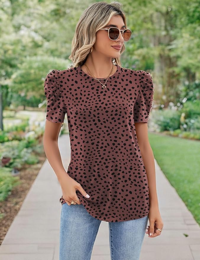 Ivicoer Puff Short Sleeve Shirt for Women Eyelet Tops Summer Crewneck Blouse Loose Fit S-XXL