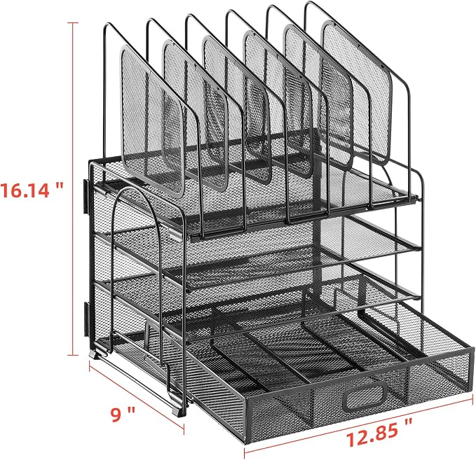 Marbrasse Desk organizer with Drawer, 4-Tier Mesh File Organizer with 5 Vertical File Holders and 2 Pen Holders, Multifunction Desktop Organizer,Desk Organizers and Accessories for Home Office