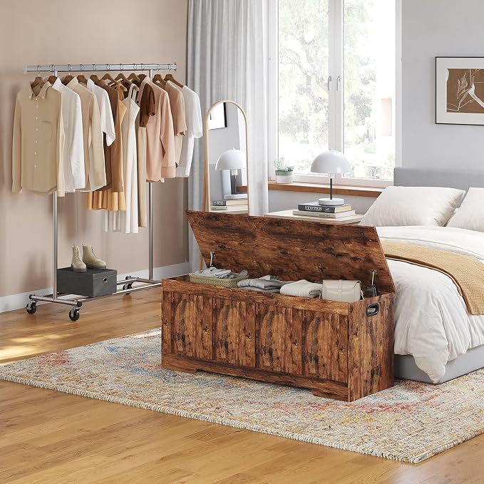Storage Chest, Wooden Toy Box, Rustic Brown 50.0" L | Extra Large Storage Bench, 2 Soft-close Hinges, Finger-safe Flip-Top Lid, Easy Assembly, Farmhouse Trunk, Living Room/Bedroom