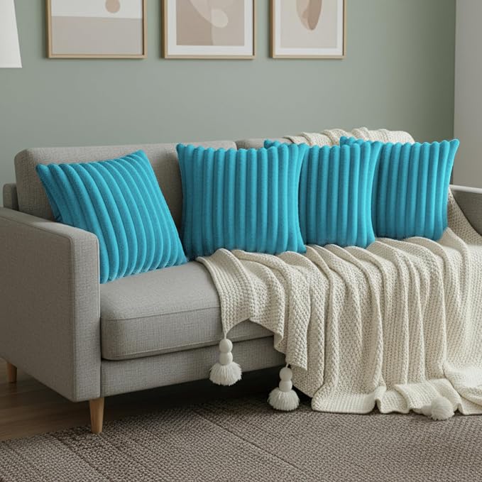 Blue Throw Pillow Covers 18 x 18 Set of 4, Cute Boho Throw Pillow Cover for Couch/Bed, Decorative Pillows Covers for Sofa/Bed, Accent Pillow Covers for Living Room, Rustic/Home/Room Decor