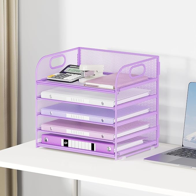 Lavatino Desk Letter Tray Paper Organizer, 5-Tier with Handle Metal Mesh Desktop File Organizer Paper Holder for Classroom Office Desk Accessories- Purple