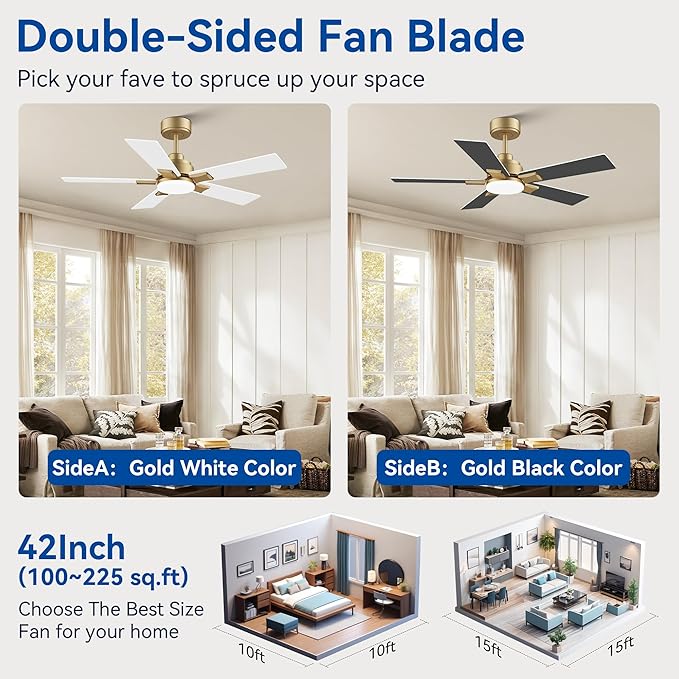 42Inch Smart Ceiling Fan with Lights Remote,APP&Voice Alexa WIFI Controled,Quiet Reversible DC Motor,Dimmable LED,Indoor Outdoor,Small Modern Ceiling Fan,for Bedroom Patio Porch,Gold White&Black