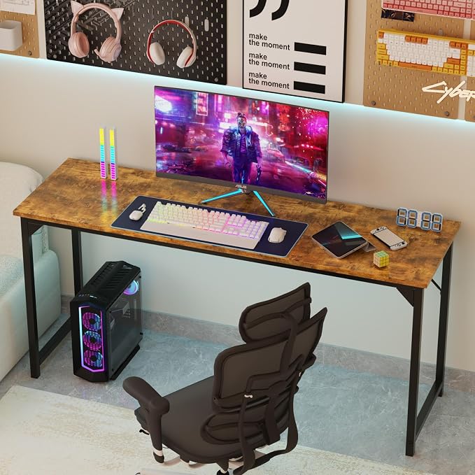 Sweetcrispy 63-Inch Small Computer Desk for Bedroom, Brown | Gaming Writing Work and Study Desk for Home Office, Sturdy Metal Frame and Compact Modern Design with X-Shaped