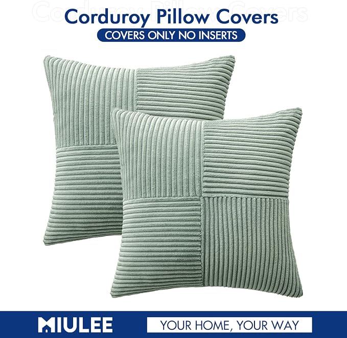 MIULEE Greyish Green Decorative Throw Pillow Covers for Couch 20x20 Inch | 2 Pack, Boho Farmhouse Pillow Covers, Soft Cross Corduroy Patchwork Textured Cushion Cases For Bed Sofa