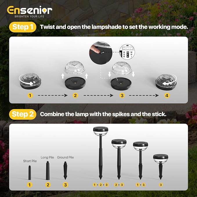 Ensenior Solar Pathway Lights IP65 Waterproof, RGB Color Changing & 6500K Cool White, 8-16Hr Runtime, Flower Pattern Garden Lights for Walkway Porch Yard - 10 Pack