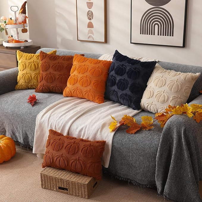 DFXSZ Fall Pillow Covers 20x20 2Pcs Beige Pumpkin Fall Decorations for Home | Fall decor Set of 2 Throw Pillow Cases Soft Plush Faux Fur Wool Couch Cushion for Chair Sofa Bedroom Living Room Home Decor