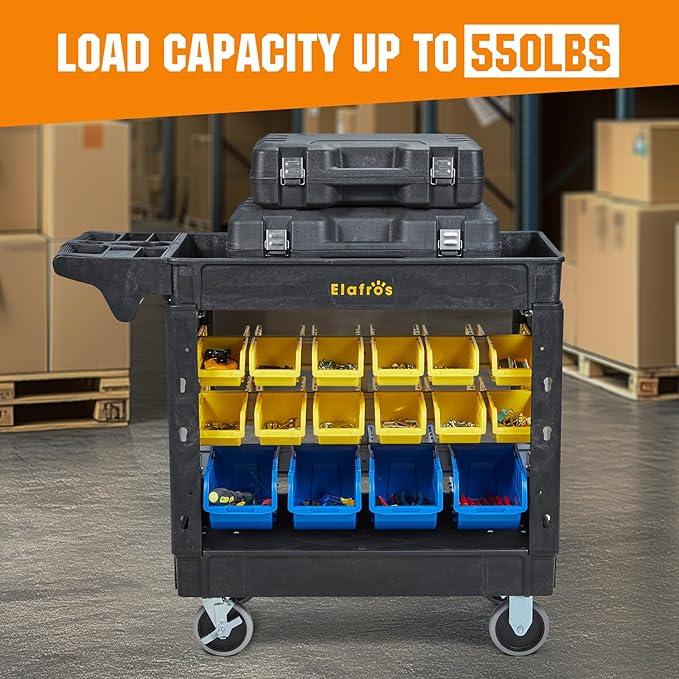 Elafros 2-Tier Utility Cart with 32 Storage Bins – Heavy-Duty Rolling Service Cart with Deep Tub Shelves, Locking Wheels, 550 lbs Capacity, 40.7"x17", for Workshop, Garage, Office