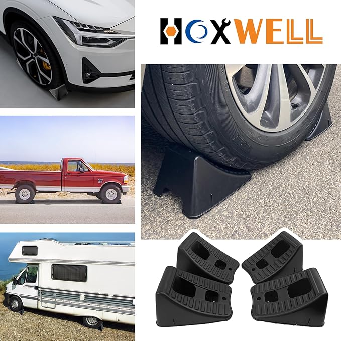 HOXWELL 4 Packs Wheel Chocks for Travel Trailers, Non Slip Black Wheel Chock Stackable, Lightweight Wheel Stoppers for Cars Campers Trucks RVs, 8.1"×6.1"×4.5", Black