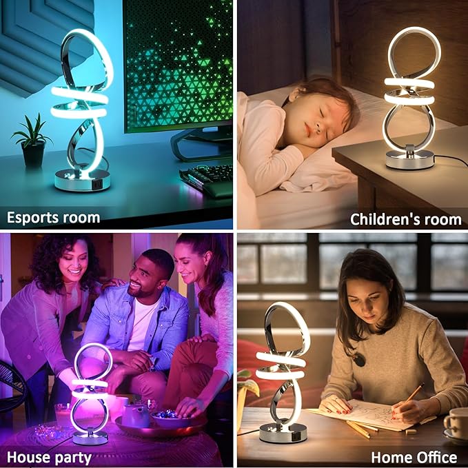 RGB Spiral Table Lamp, Modern LED Table Lamp, Chrome Cool Bedside Lamps, 7 Colors & 10 Light Modes Touch Dimmable LED Nightstand Lamp with USB/Type C for Bedroom, Living Room,Silver