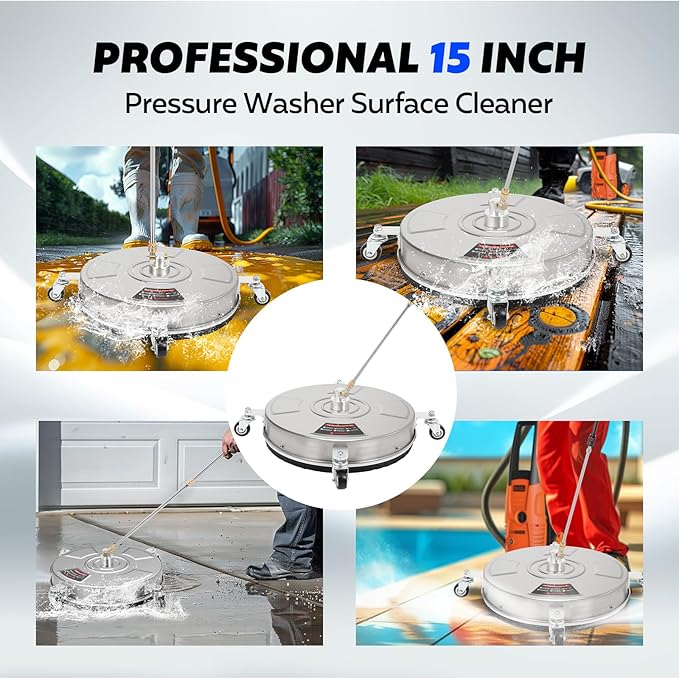 FAHKNS 15" Pressure Washer Surface Cleaner with 4 Wheels Stainless Steel Housing Power Washer Surface Cleaner with Replacement Nozzles & Extension Wands 4000PSI