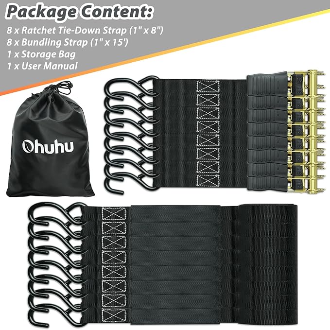 Ratchet Tie Down Strap 8-Pack 15 Ft - 500 lbs Load Cap with 1500 lbs Breaking Limit, Ohuhu Ratchet Tie Downs Logistic Cargo Straps for Moving Appliances, Motorcycle, Black
