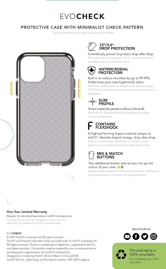 Tech21 Evo Check Series Gel Case for Apple iPhone 11 Pro Max - Smokey Black