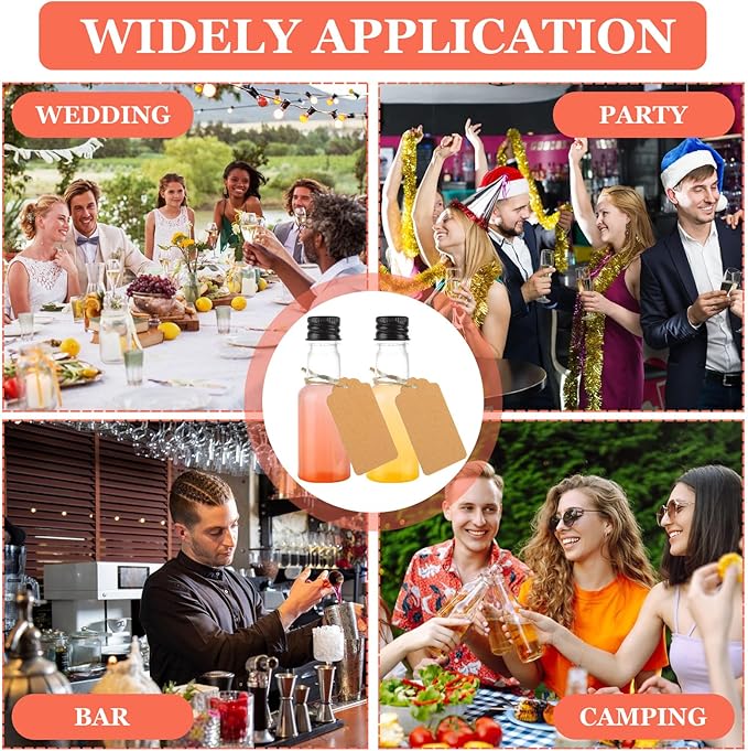 WOPPLXY 100 Pcs Mini Liquor Bottles Set, 1Oz Mini Empty Plastic Alcohol Shot Bottles with Caps, Small Alcohol Bottle with 10 Funnels, 100 Pcs Kraft Tags and Rope, Perfect for Halloween Party Wedding