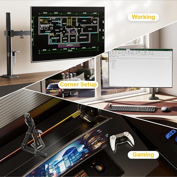 monTEK Extra-Long Monitor Arm for 17-32" Screens, 22 lbs | Articulating desk mount, extended reach, height adjustment, tilt, swivel, clamp/grommet bases and VESA 75/100