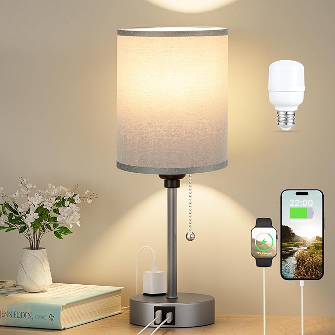 Dicoool Small Bedside Table lamp for Bedroom - 3 Color Temperatures Bedside Lamps with USB Ports for Housewarming, Pull Chain Table Lamps with AC Outlet, Nightstand Lamps for Kids Reading