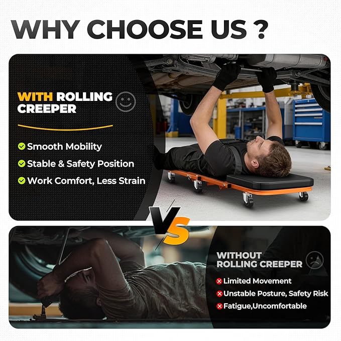 Auto Dynasty 40" Z-Creeper Seat, 2-in-1 Foldable Garage Creeper Shop Seat, 330 LBS Capacity Automotive Mechanic Repair Under Car Rolling Creeper Seat, Orange