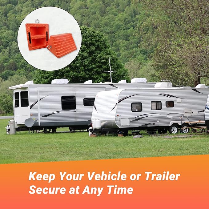 HOXWELL 2 Packs Wheel Chocks Heavy Duty Orange with Eyebolt, Vehicle Chock for Travel Trailers, Camper, Truck, Car and ATV, 9.1" Length x 7.1" Width x 5.5" Height