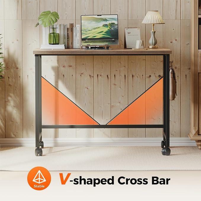 Mericonia 47x24 Inch Computer Desk with Wheels, Small Simple Rolling Desk | Writing Table for Home Office Bedroom Work Study, Brown