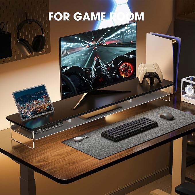 Fenge 42.5" Dual Monitor Stand with Clear Acrylic Legs, Black | Clear acrylic, storage compartment, 2-tier home office monitor riser, wide large desktop shelf fit monitor/laptop/printer
