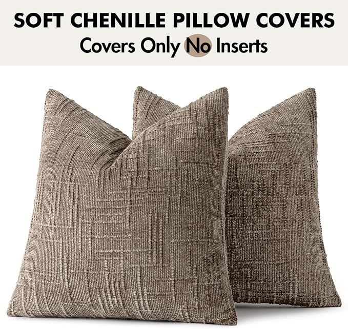 MIULEE Chenille Textured Throw Pillow Covers Taupe Grey 20x20 Set of 2 | Slubby Decorative Pillows, Fall Boho Farmhouse Home Decor, Modern Neutral Cushion Covers for Couch Sofa Bed Living Room