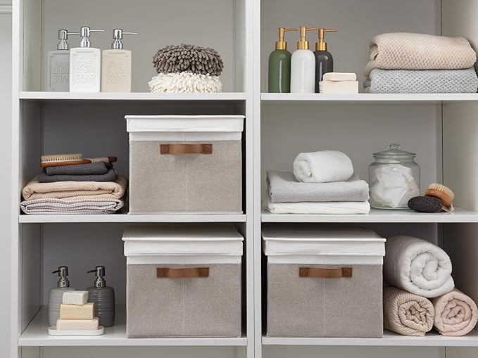 StorageWorks Storage Bins with Lids, Decorative Storage Boxes with Lid and PU Handles, Foldable Storage Baskets for Closet, Shelves, Stackable, Brown and White, Jumbo, 3-Pack