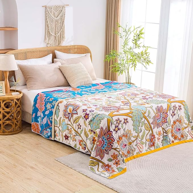 XIBLC Boho Throw Blanket for Bed, 100% Cotton Soft Rustic Quilt Fall Blanket, 50"x60" Floral Printed Farmhouse Decor Bed Blankets, All Season Rustic Reversible Bohemian Throw Quilt