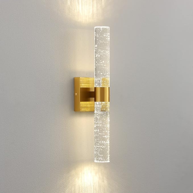 Gold Wall Sconces Set of Two - Modern Crystal Sconces Wall Lighting 12W 4000K LED Wall Sconce Dimmable Indoor Wall Light Fixtures for Bathroom Bedroom Living Room Hallway, 18 Inch