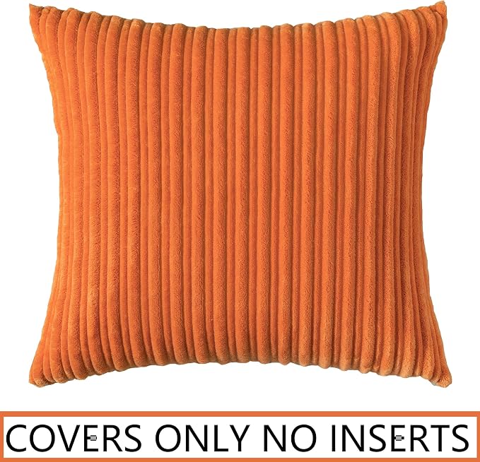 UGASA Fall Decorative Soft Velvet Stripe Pillow Cover 1 Pack Solid Corduroy Textured Euro Cushion Case for Couch Bedroom Sofa Farmhouse, 18x18 Inch, Orange