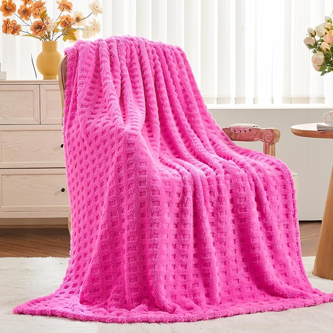 NEWCOSPLAY 3D Waffle Checkered Flannel Queen Blanket, Hot Pink, 90"x90" | Super Soft Cute Lightweight Decorative Premium Silky Fleece Blanket for Couch Sofa Bed, Gift for Women Men, All Season Use